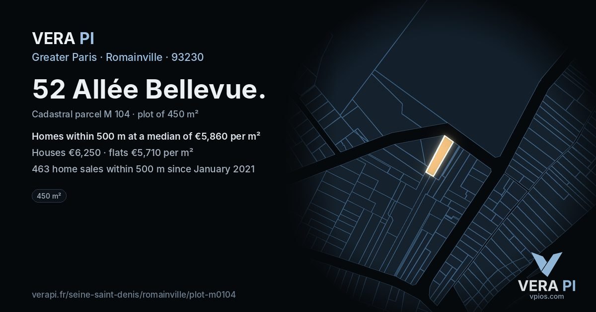 52 Allée Bellevue, Romainville at night – the plot lit, the parcels around coloured by the prices near them