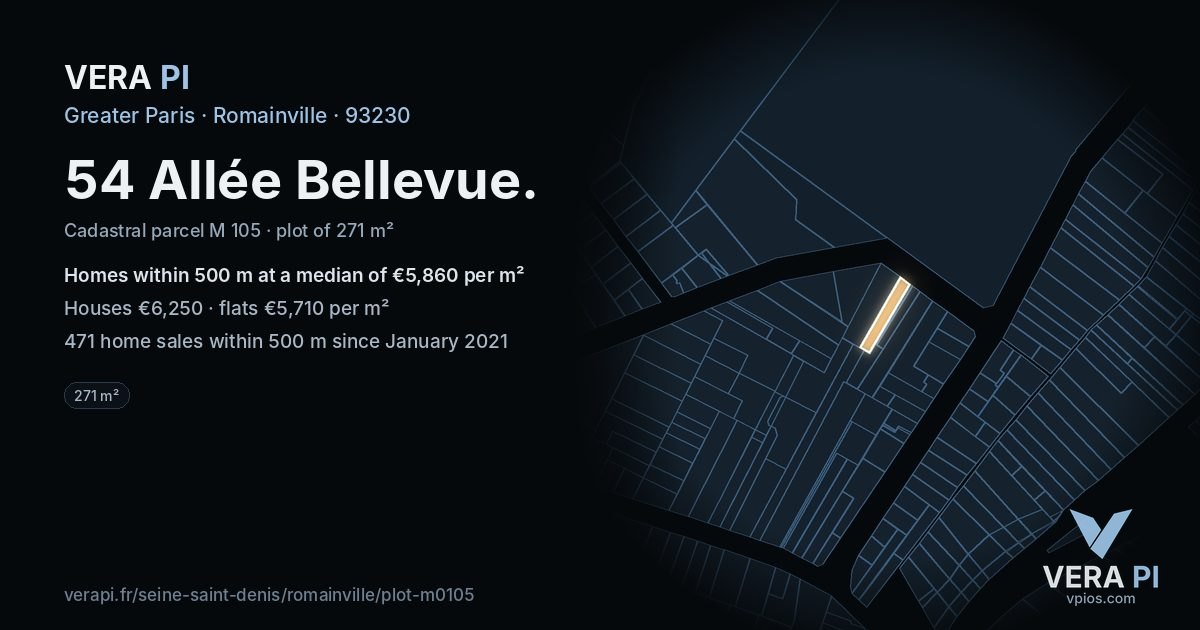 54 Allée Bellevue, Romainville at night – the plot lit, the parcels around coloured by the prices near them