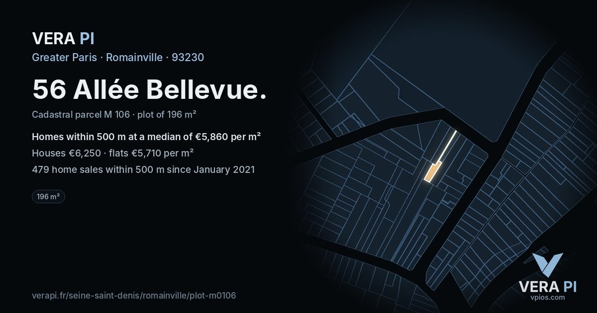 56 Allée Bellevue, Romainville at night – the plot lit, the parcels around coloured by the prices near them