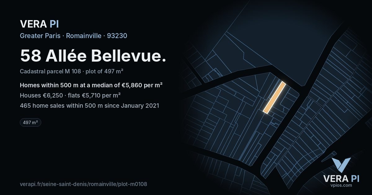 58 Allée Bellevue, Romainville at night – the plot lit, the parcels around coloured by the prices near them