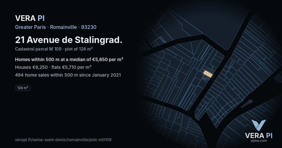 21 Avenue de Stalingrad, Romainville at night – the plot lit, the parcels around coloured by the prices near them
