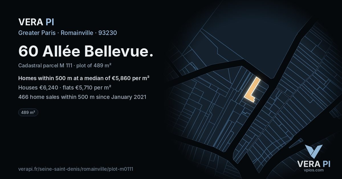 60 Allée Bellevue, Romainville at night – the plot lit, the parcels around coloured by the prices near them
