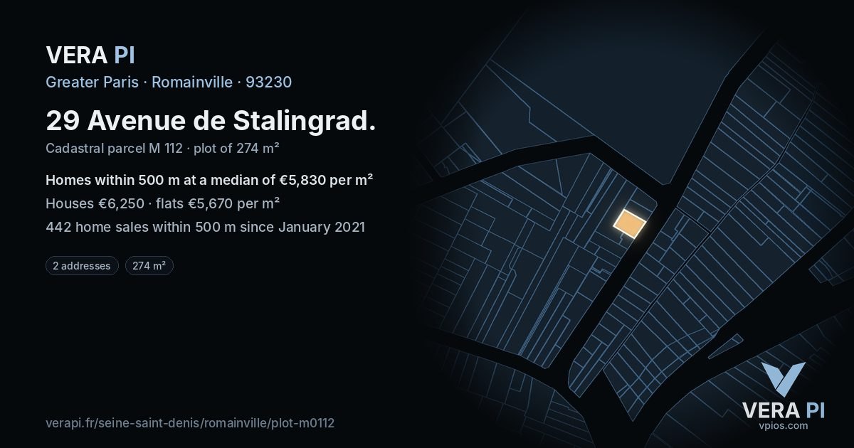29 Avenue de Stalingrad, Romainville at night – the plot lit, the parcels around coloured by the prices near them
