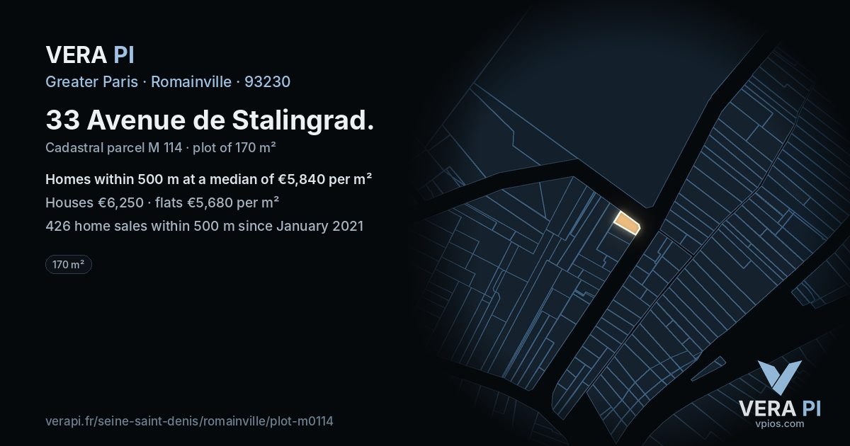 33 Avenue de Stalingrad, Romainville at night – the plot lit, the parcels around coloured by the prices near them