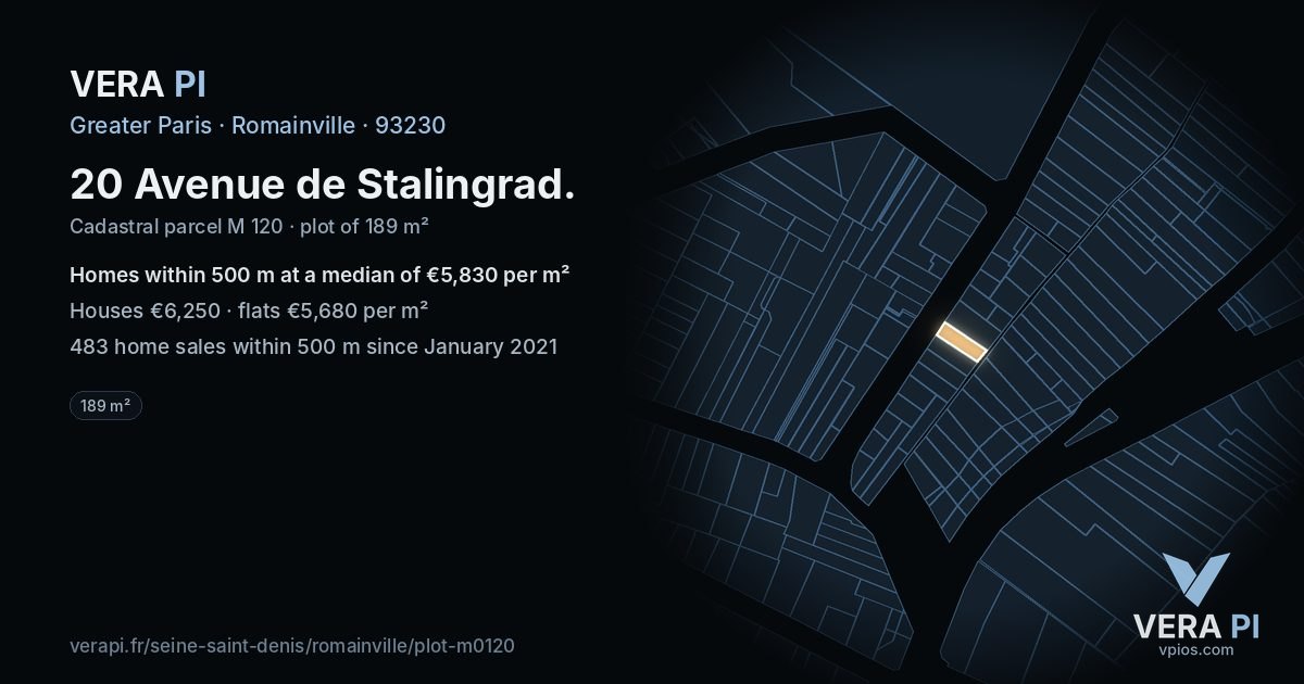 20 Avenue de Stalingrad, Romainville at night – the plot lit, the parcels around coloured by the prices near them