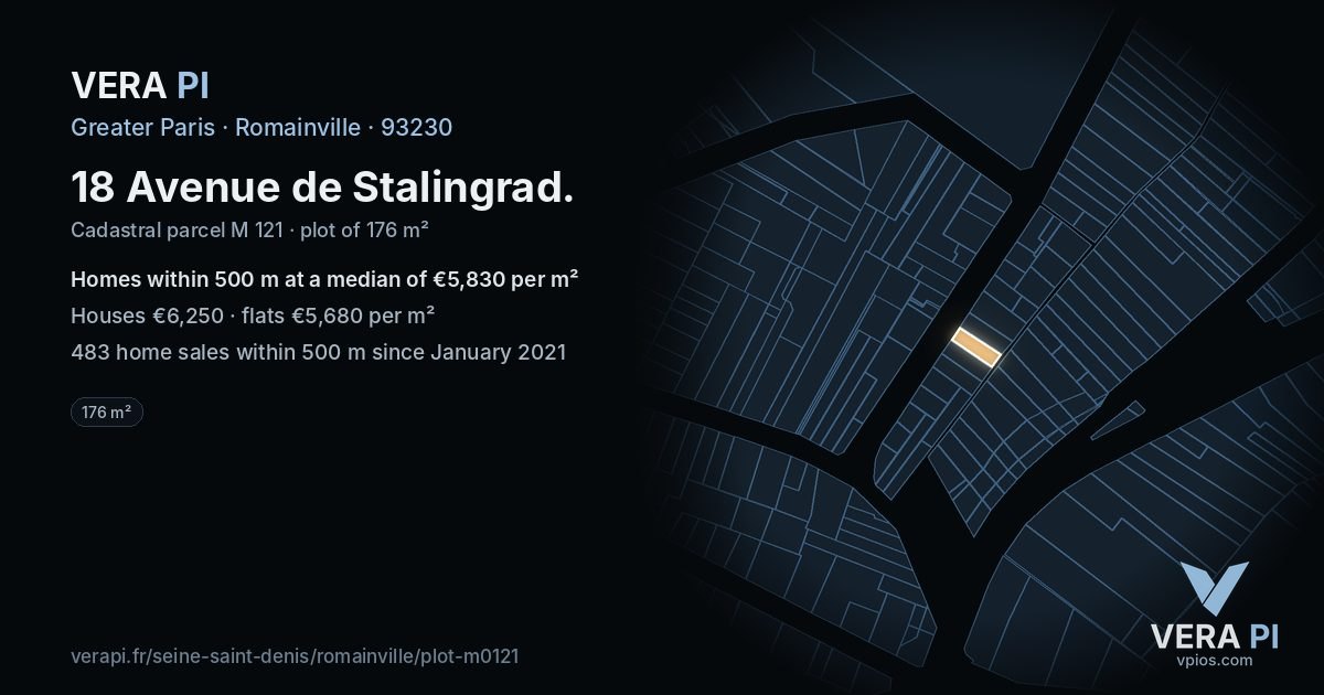 18 Avenue de Stalingrad, Romainville at night – the plot lit, the parcels around coloured by the prices near them