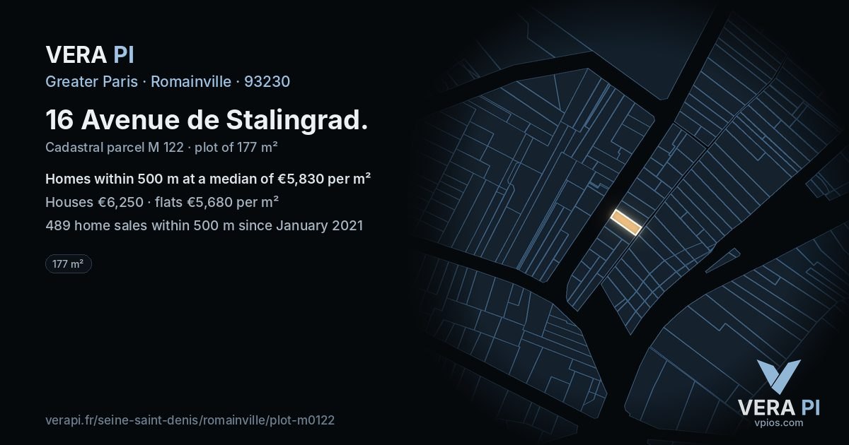 16 Avenue de Stalingrad, Romainville at night – the plot lit, the parcels around coloured by the prices near them