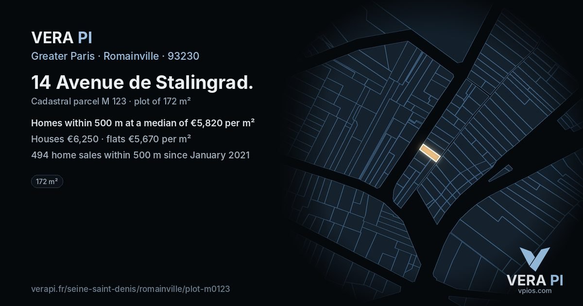 14 Avenue de Stalingrad, Romainville at night – the plot lit, the parcels around coloured by the prices near them