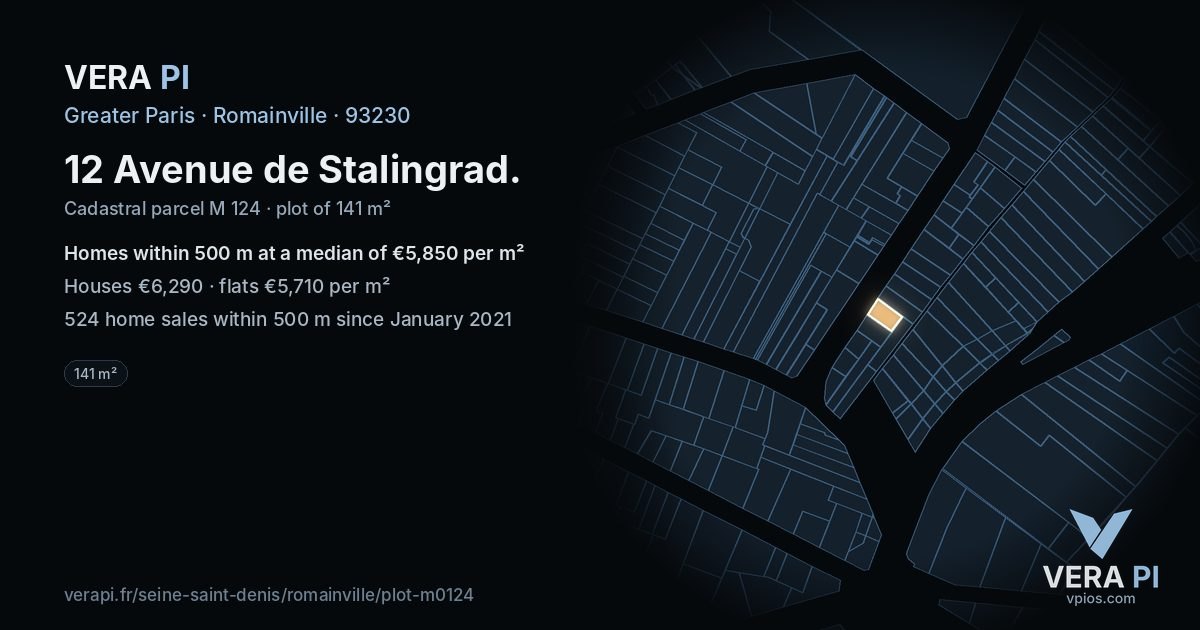 12 Avenue de Stalingrad, Romainville at night – the plot lit, the parcels around coloured by the prices near them