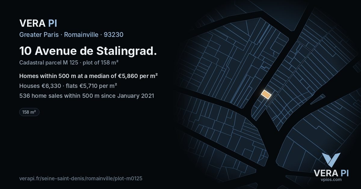 10 Avenue de Stalingrad, Romainville at night – the plot lit, the parcels around coloured by the prices near them