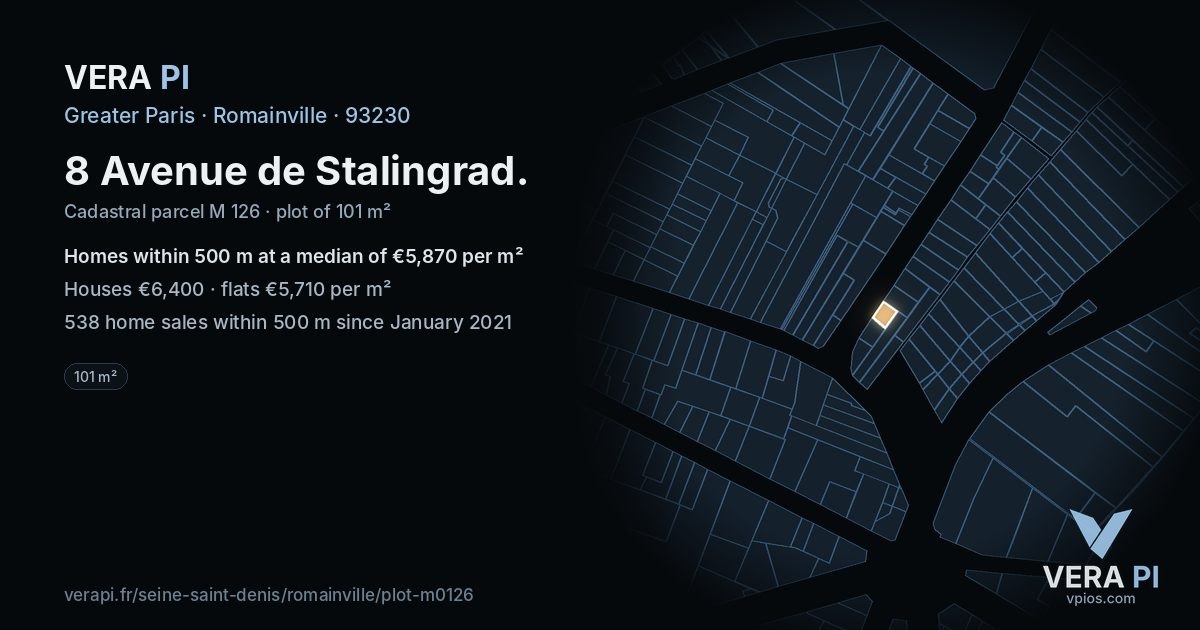 8 Avenue de Stalingrad, Romainville at night – the plot lit, the parcels around coloured by the prices near them