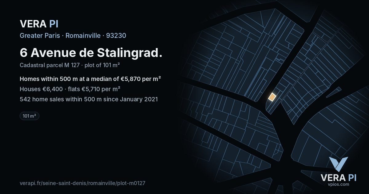 6 Avenue de Stalingrad, Romainville at night – the plot lit, the parcels around coloured by the prices near them