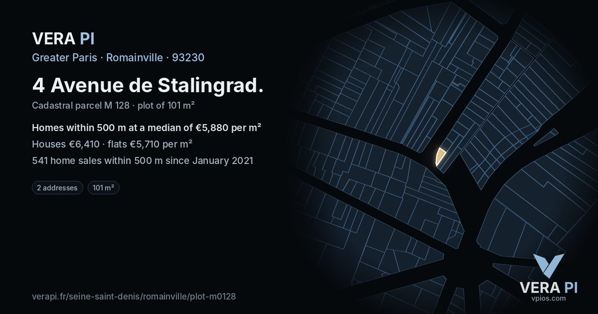 4 Avenue de Stalingrad, Romainville at night – the plot lit, the parcels around coloured by the prices near them