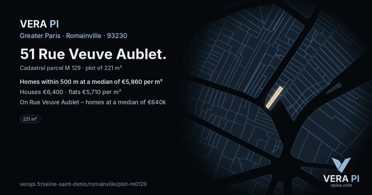 51 Rue Veuve Aublet, Romainville at night – the plot lit, the parcels around coloured by the prices near them
