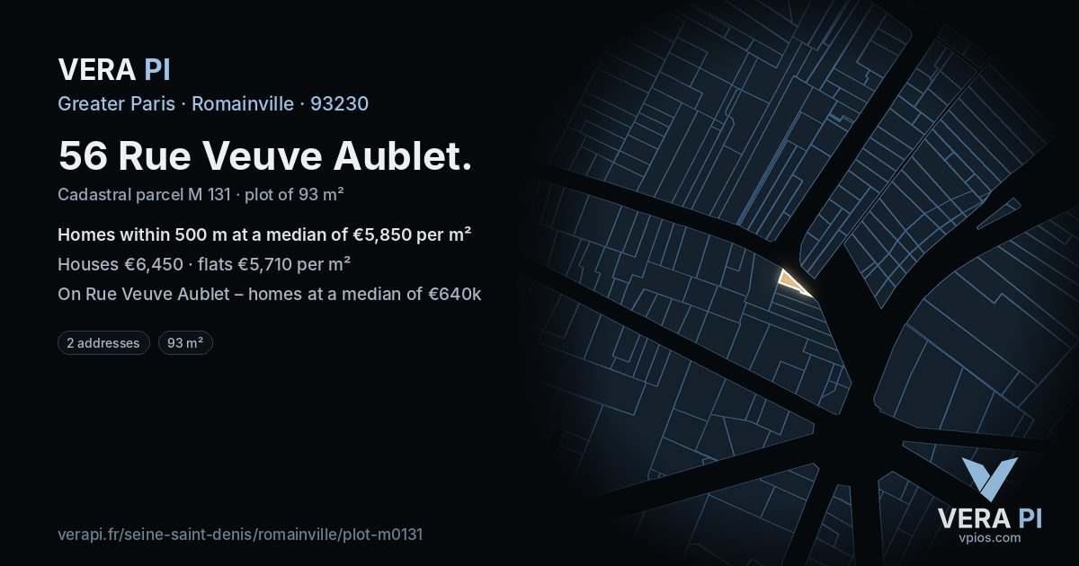 56 Rue Veuve Aublet, Romainville at night – the plot lit, the parcels around coloured by the prices near them