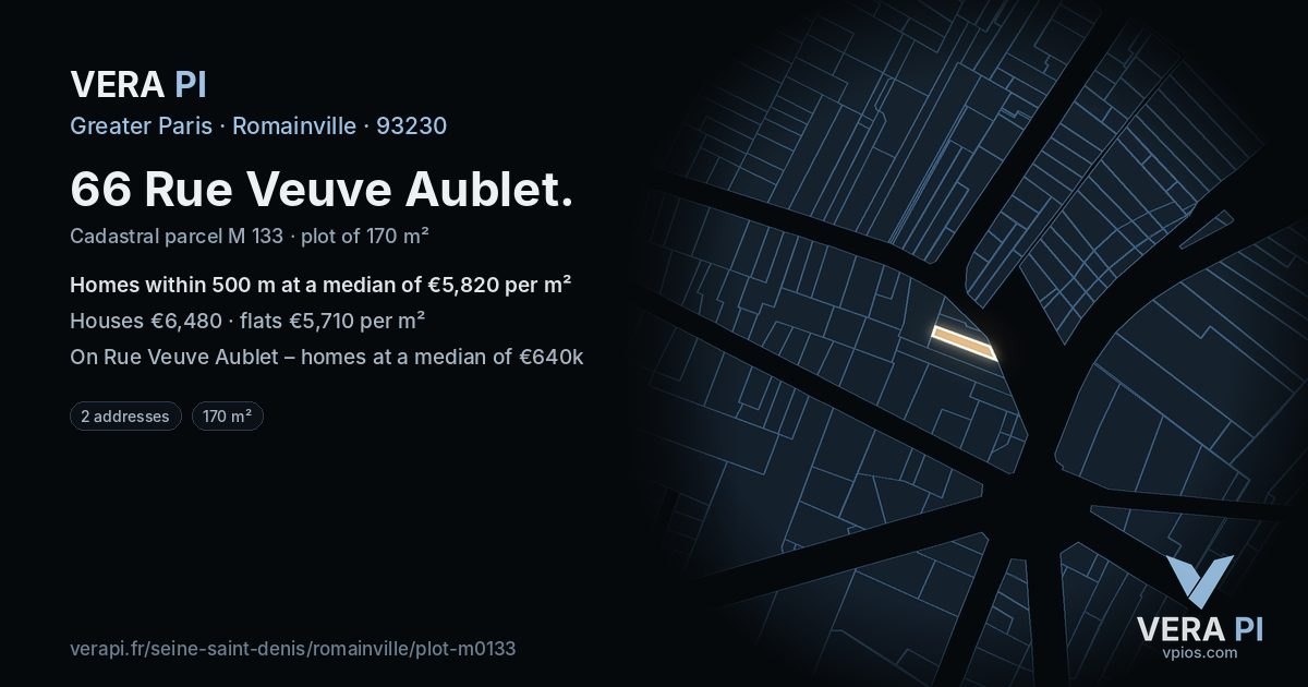 66 Rue Veuve Aublet, Romainville at night – the plot lit, the parcels around coloured by the prices near them