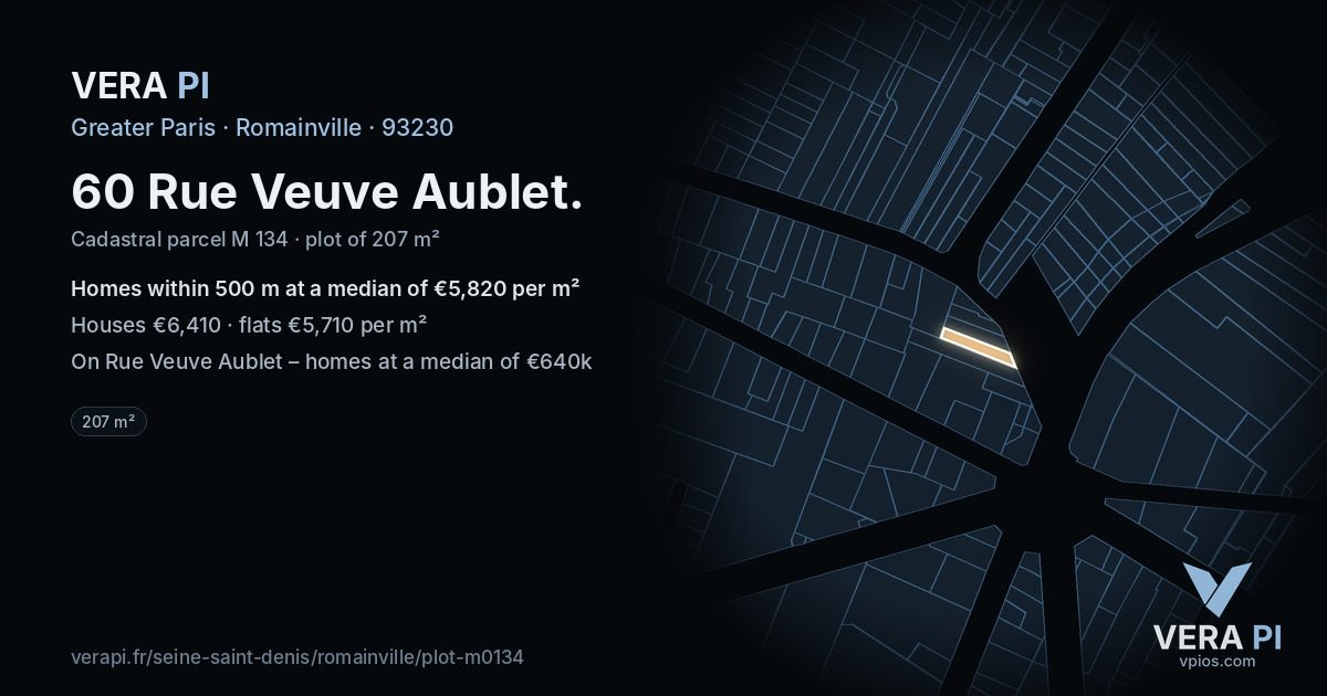 60 Rue Veuve Aublet, Romainville at night – the plot lit, the parcels around coloured by the prices near them