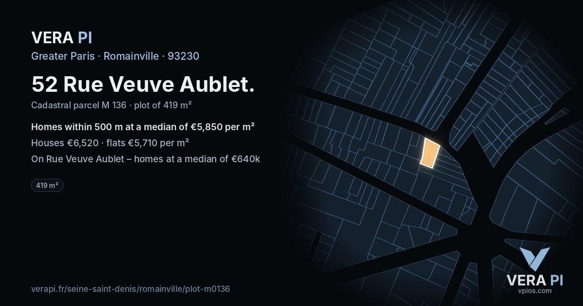 52 Rue Veuve Aublet, Romainville at night – the plot lit, the parcels around coloured by the prices near them