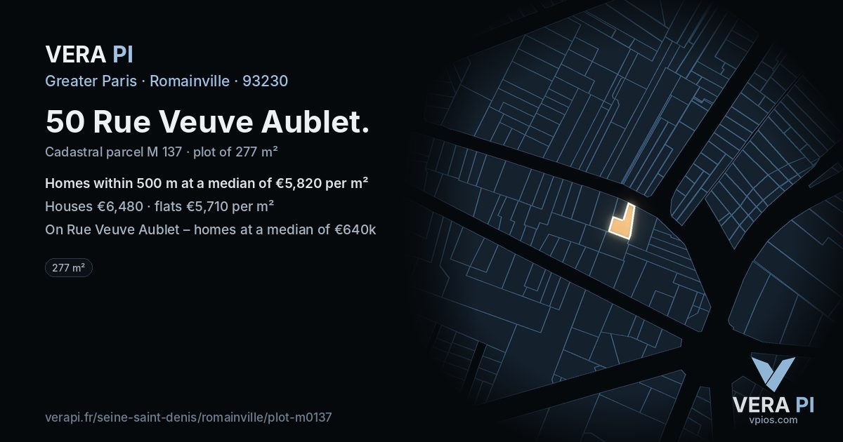 50 Rue Veuve Aublet, Romainville at night – the plot lit, the parcels around coloured by the prices near them