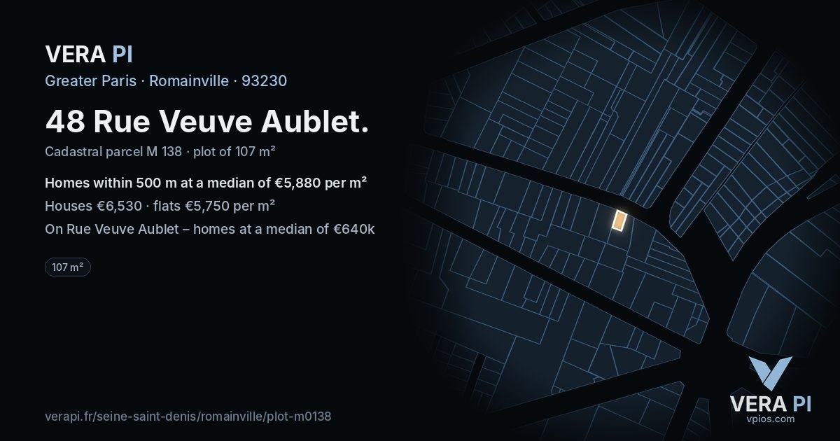48 Rue Veuve Aublet, Romainville at night – the plot lit, the parcels around coloured by the prices near them
