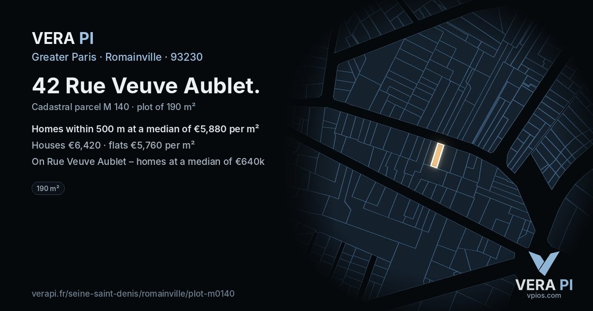 42 Rue Veuve Aublet, Romainville at night – the plot lit, the parcels around coloured by the prices near them