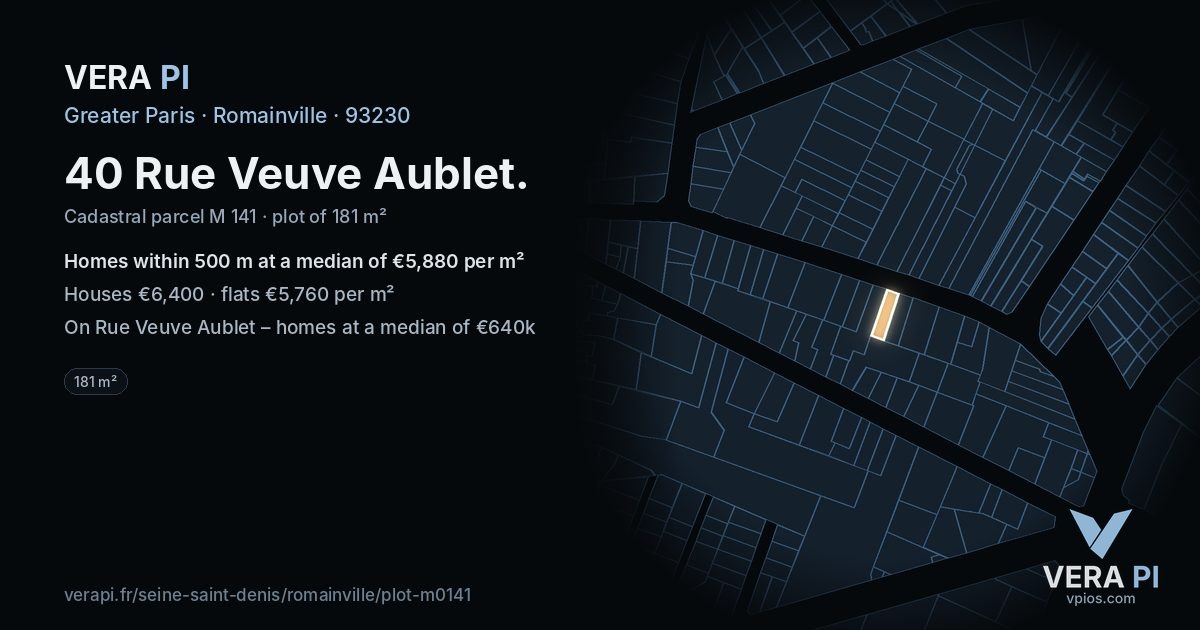 40 Rue Veuve Aublet, Romainville at night – the plot lit, the parcels around coloured by the prices near them