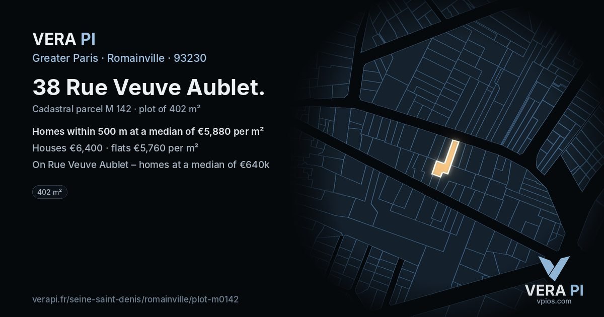 38 Rue Veuve Aublet, Romainville at night – the plot lit, the parcels around coloured by the prices near them