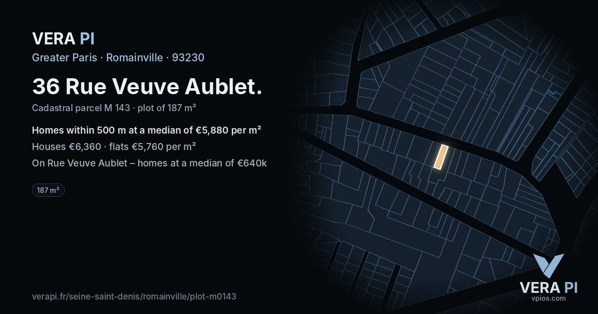36 Rue Veuve Aublet, Romainville at night – the plot lit, the parcels around coloured by the prices near them