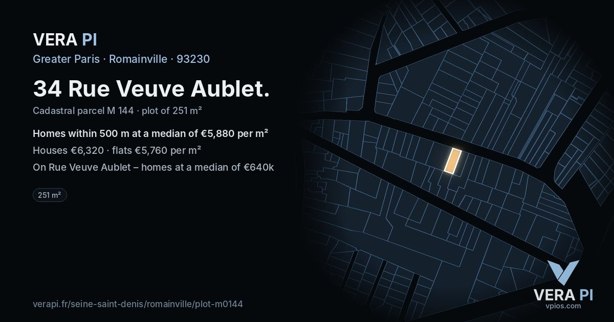 34 Rue Veuve Aublet, Romainville at night – the plot lit, the parcels around coloured by the prices near them
