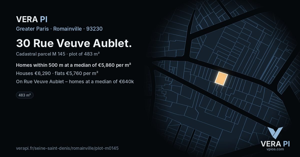30 Rue Veuve Aublet, Romainville at night – the plot lit, the parcels around coloured by the prices near them