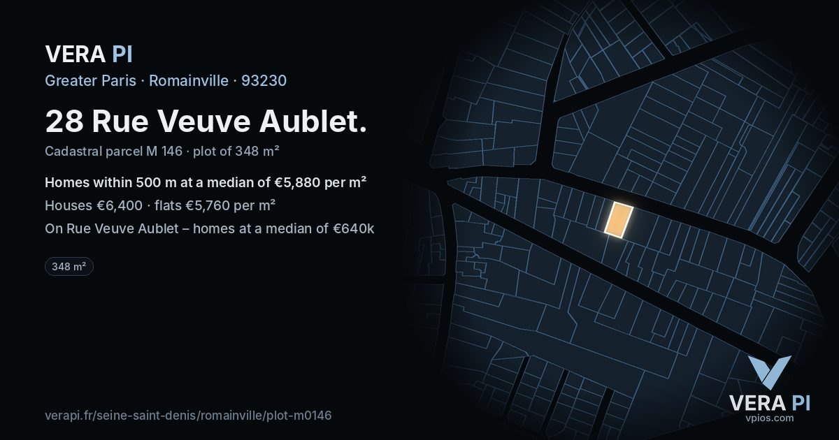 28 Rue Veuve Aublet, Romainville at night – the plot lit, the parcels around coloured by the prices near them