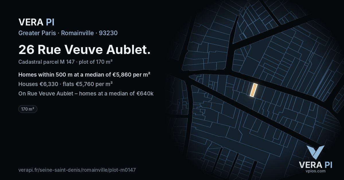 26 Rue Veuve Aublet, Romainville at night – the plot lit, the parcels around coloured by the prices near them