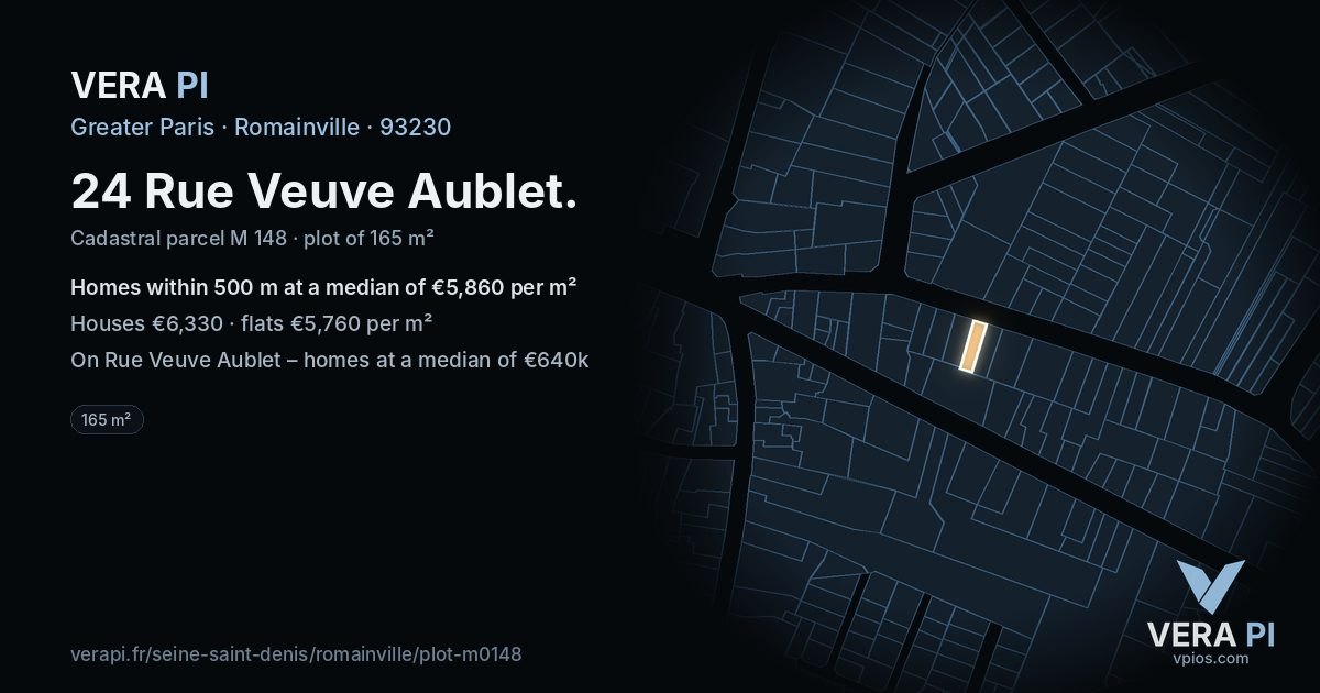 24 Rue Veuve Aublet, Romainville at night – the plot lit, the parcels around coloured by the prices near them