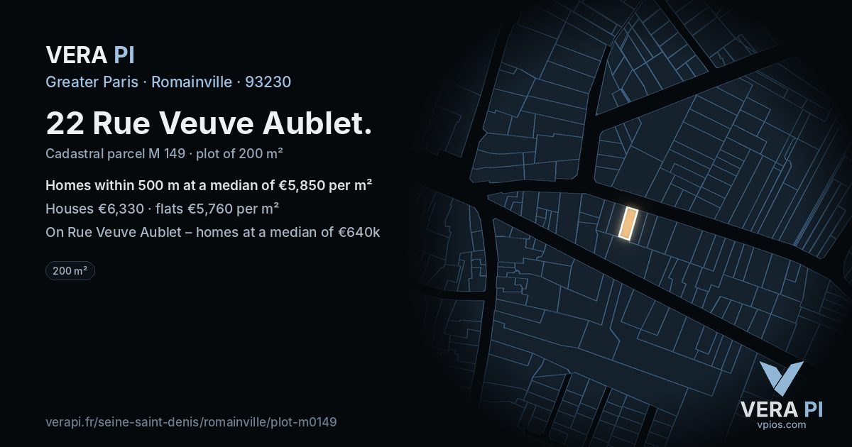 22 Rue Veuve Aublet, Romainville at night – the plot lit, the parcels around coloured by the prices near them