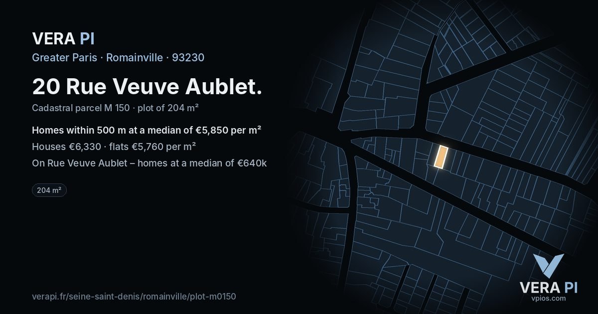 20 Rue Veuve Aublet, Romainville at night – the plot lit, the parcels around coloured by the prices near them