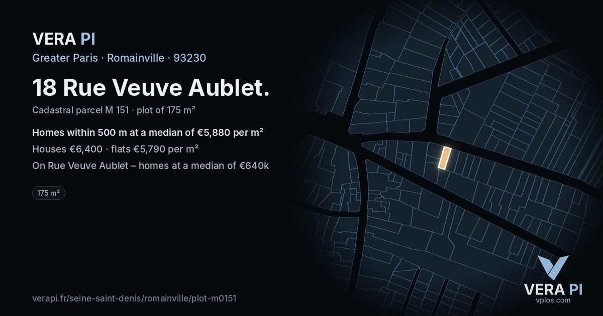 18 Rue Veuve Aublet, Romainville at night – the plot lit, the parcels around coloured by the prices near them
