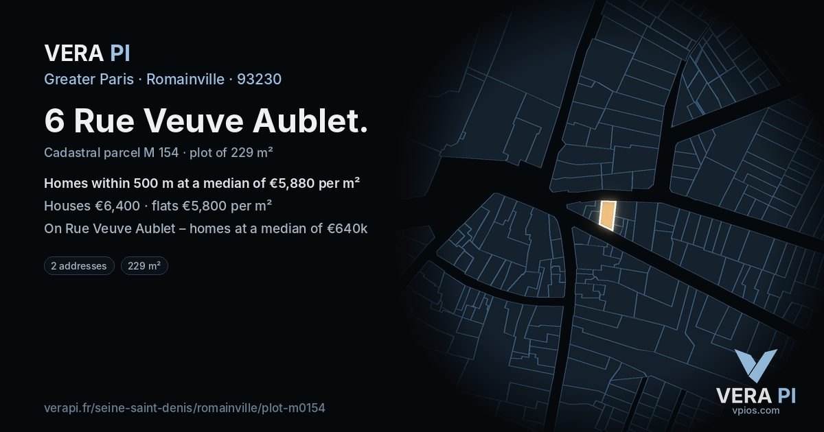 6 Rue Veuve Aublet, Romainville at night – the plot lit, the parcels around coloured by the prices near them