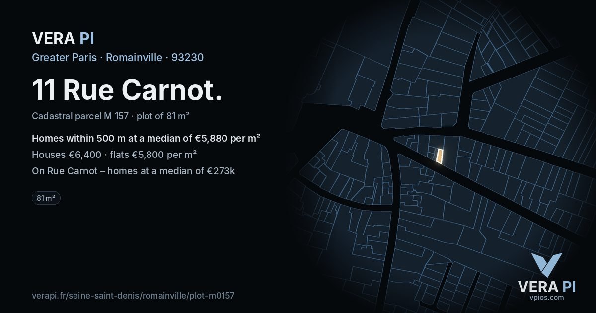 11 Rue Carnot, Romainville at night – the plot lit, the parcels around coloured by the prices near them