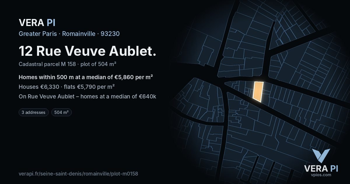 12 Rue Veuve Aublet, Romainville at night – the plot lit, the parcels around coloured by the prices near them