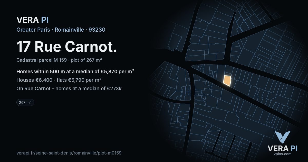 17 Rue Carnot, Romainville at night – the plot lit, the parcels around coloured by the prices near them