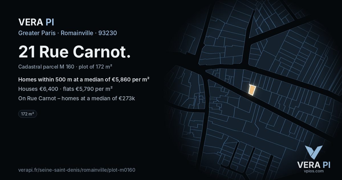 21 Rue Carnot, Romainville at night – the plot lit, the parcels around coloured by the prices near them
