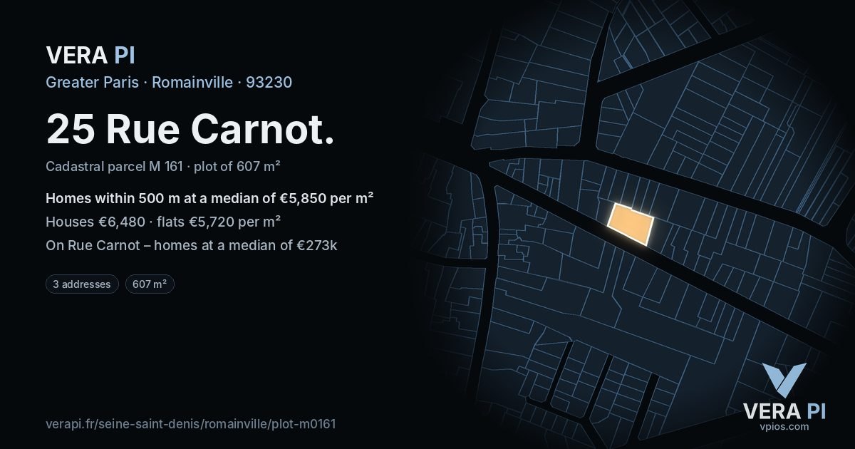 25 Rue Carnot, Romainville at night – the plot lit, the parcels around coloured by the prices near them