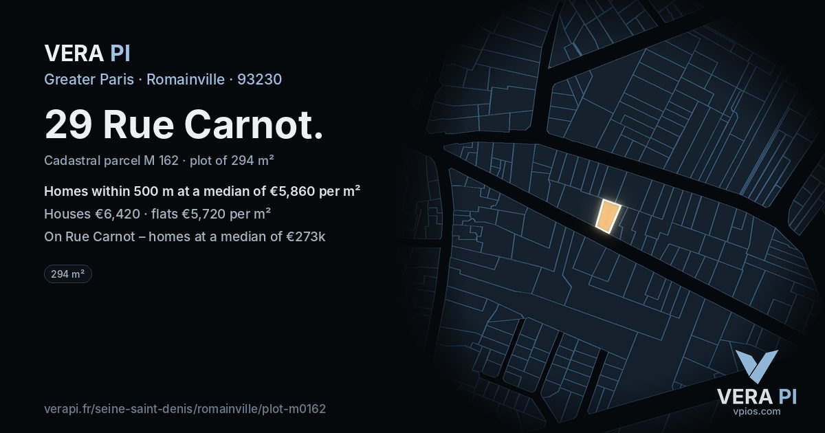 29 Rue Carnot, Romainville at night – the plot lit, the parcels around coloured by the prices near them