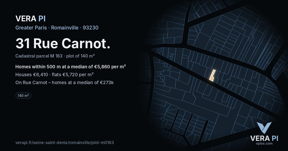 31 Rue Carnot, Romainville at night – the plot lit, the parcels around coloured by the prices near them