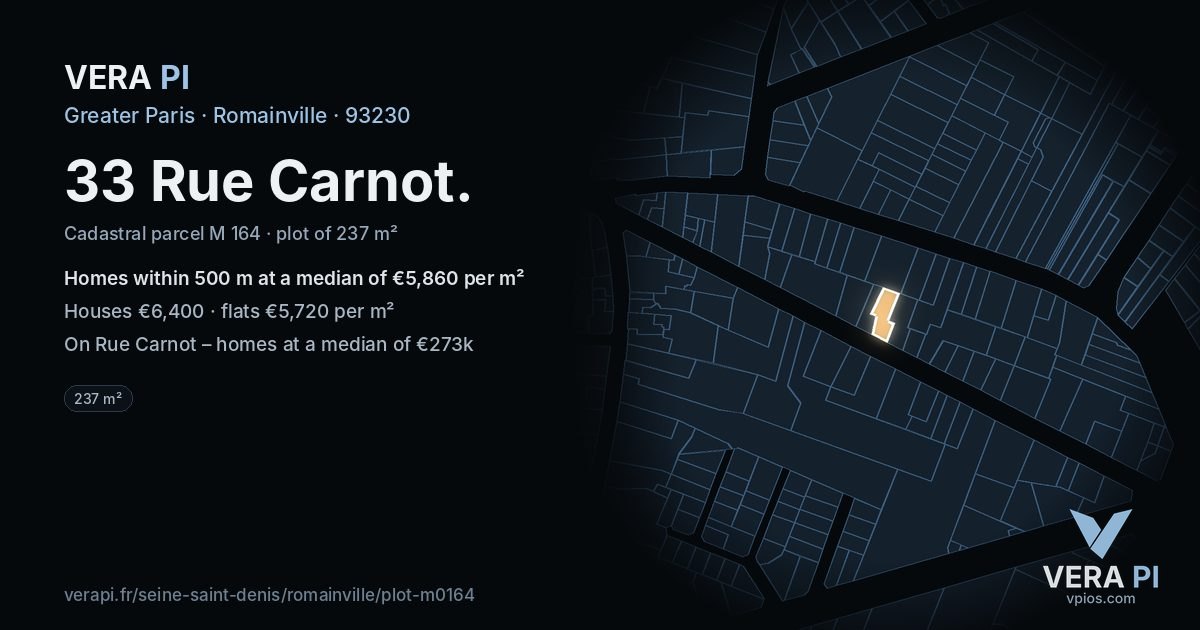 33 Rue Carnot, Romainville at night – the plot lit, the parcels around coloured by the prices near them