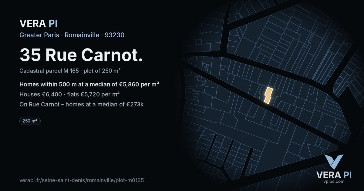 35 Rue Carnot, Romainville at night – the plot lit, the parcels around coloured by the prices near them