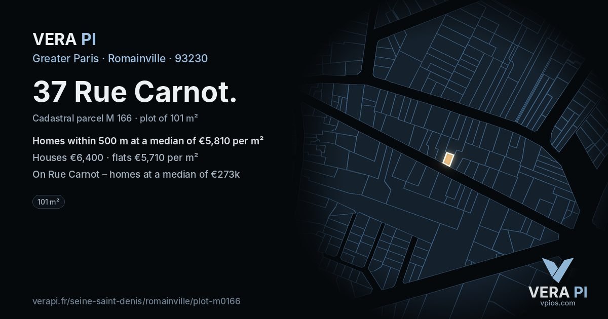 37 Rue Carnot, Romainville at night – the plot lit, the parcels around coloured by the prices near them