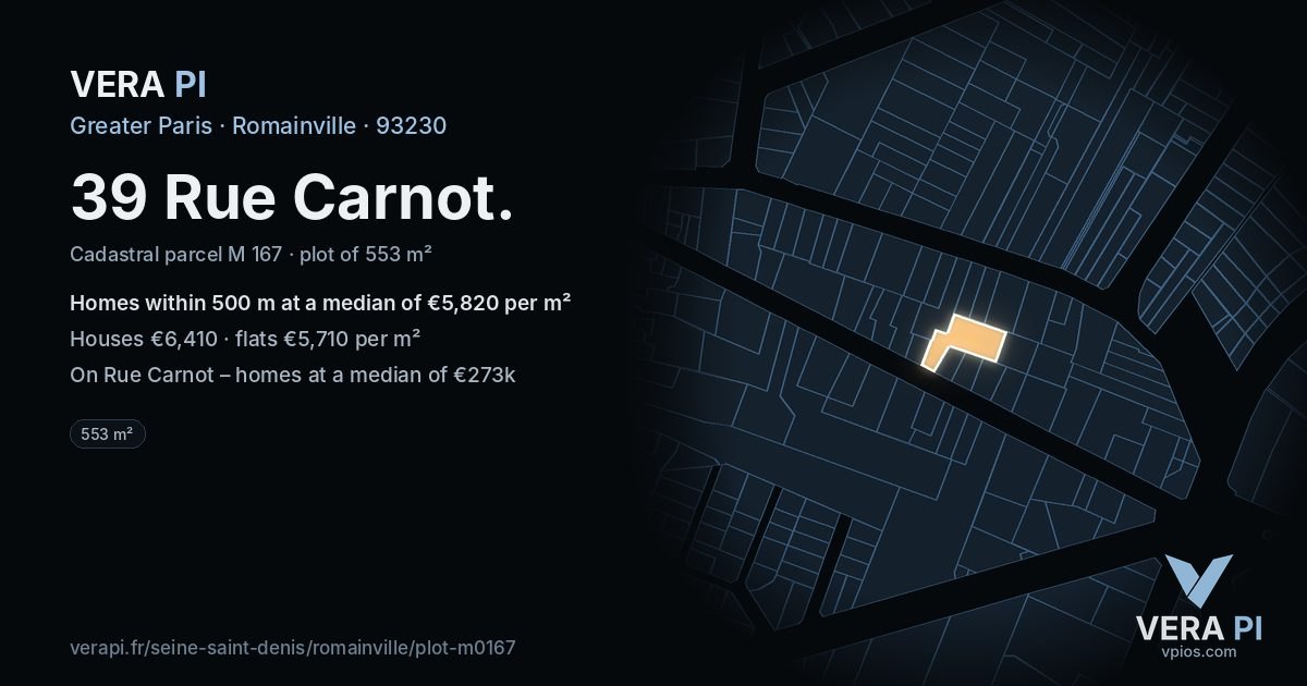 39 Rue Carnot, Romainville at night – the plot lit, the parcels around coloured by the prices near them
