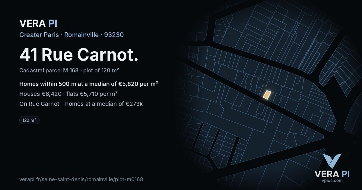 41 Rue Carnot, Romainville at night – the plot lit, the parcels around coloured by the prices near them