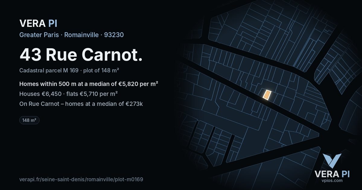 43 Rue Carnot, Romainville at night – the plot lit, the parcels around coloured by the prices near them